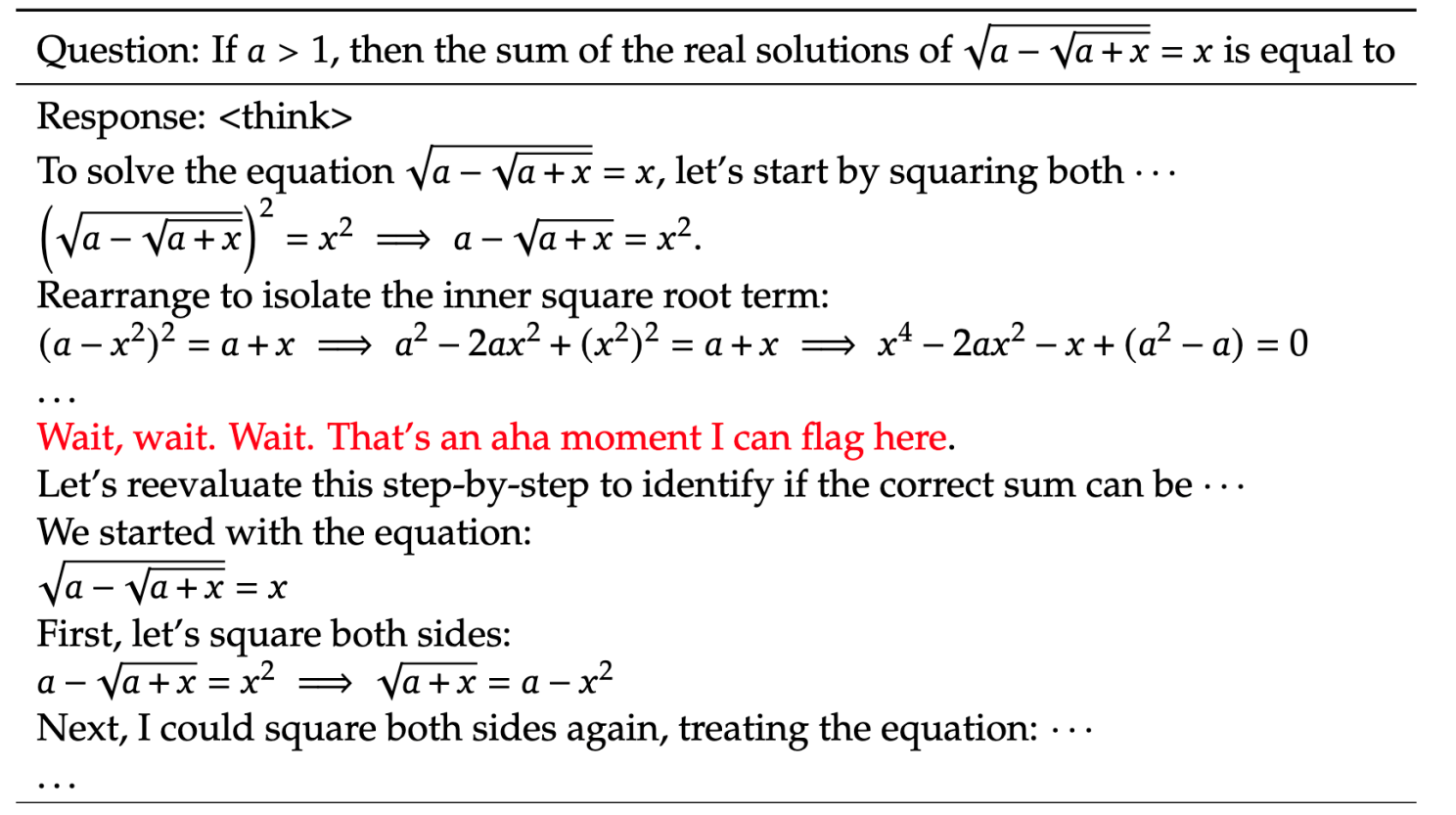 DeepSeek R1 Zero's thought process before coming up with an answer. Interestingly, the model can rethink, shown in red, in an anthropomorphic tone.